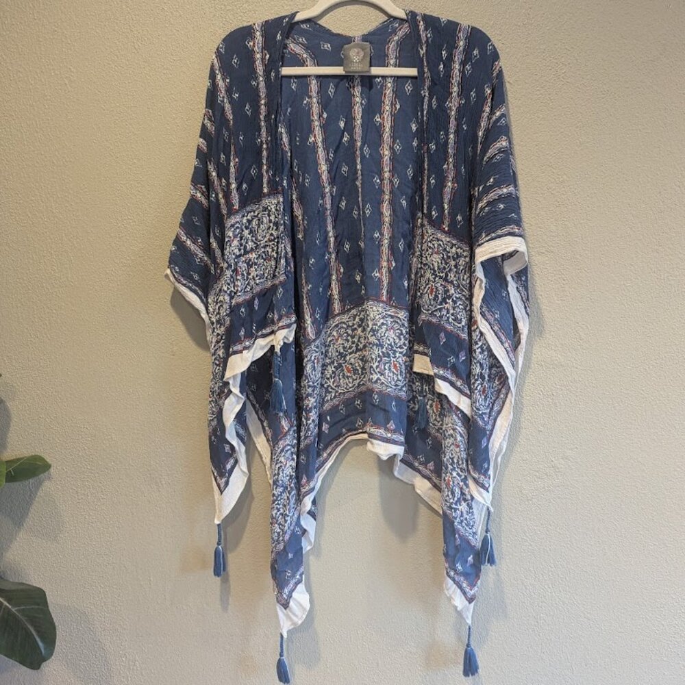Vince Camuto Boho Kimono Wrap | One Size | Blue Tassel Trim